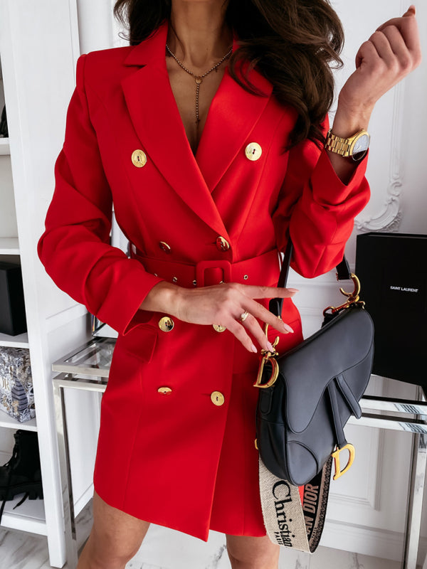 Women's Long Sleeve Belted Suit Dress Coat - New Style