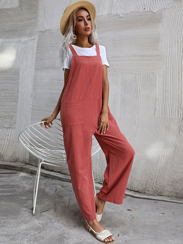 Women's Cotton Linen Sleeveless Overalls - Casual Jumpsuit