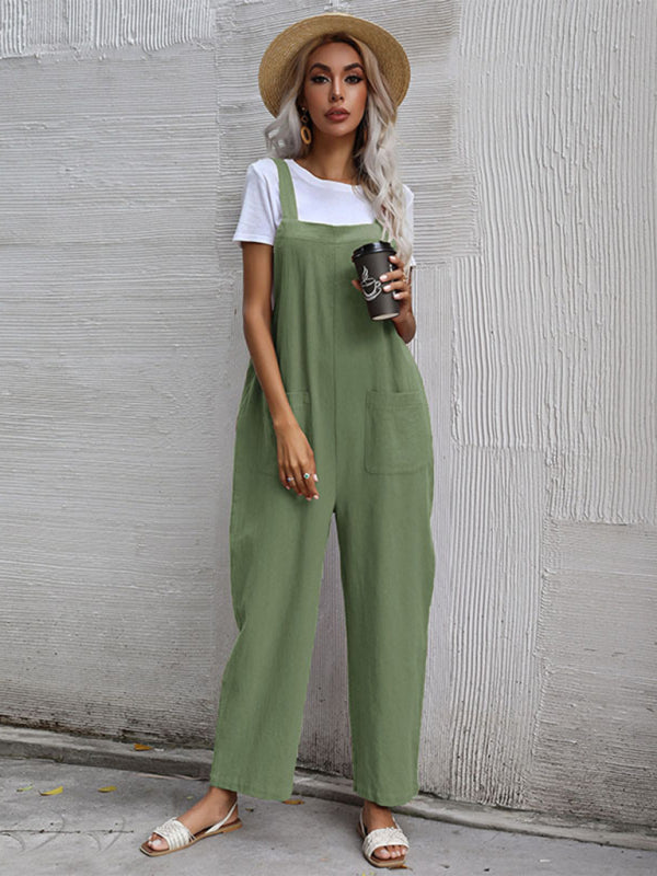 Women's Cotton Linen Sleeveless Overalls - Casual Jumpsuit