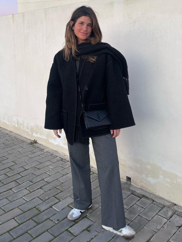 Women's Thickened Woolen Coat with Scarf Tassels - Winter Fashion