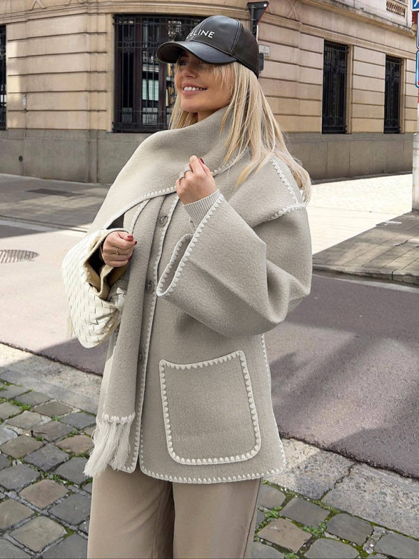 Women's Thickened Woolen Coat with Scarf Tassels - Winter Fashion