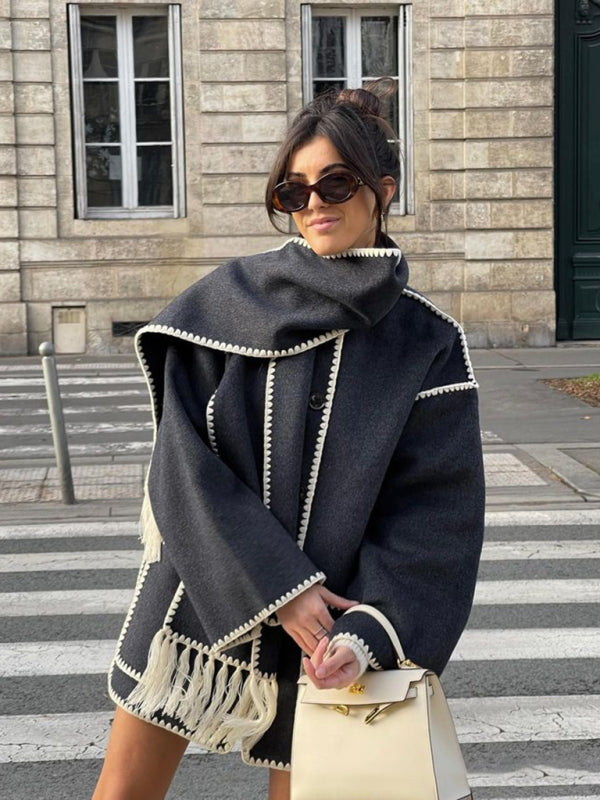 Women's Thickened Woolen Coat with Scarf Tassels - Winter Fashion