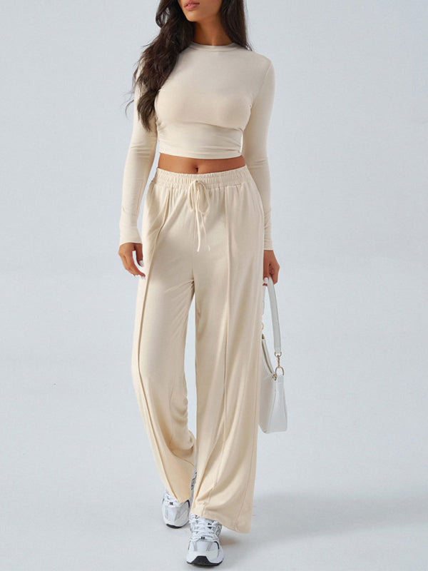 Women's Crew Neck Long Sleeve Top & Wide Leg Pants Set