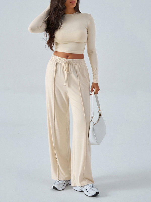 Women's Crew Neck Long Sleeve Top & Wide Leg Pants Set