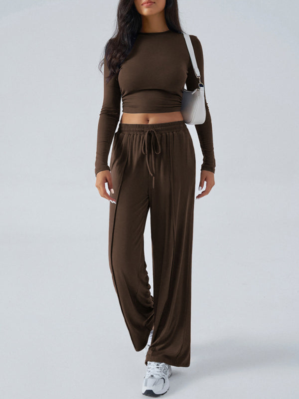 Women's Crew Neck Long Sleeve Top & Wide Leg Pants Set