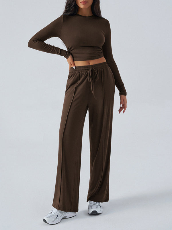 Women's Crew Neck Long Sleeve Top & Wide Leg Pants Set