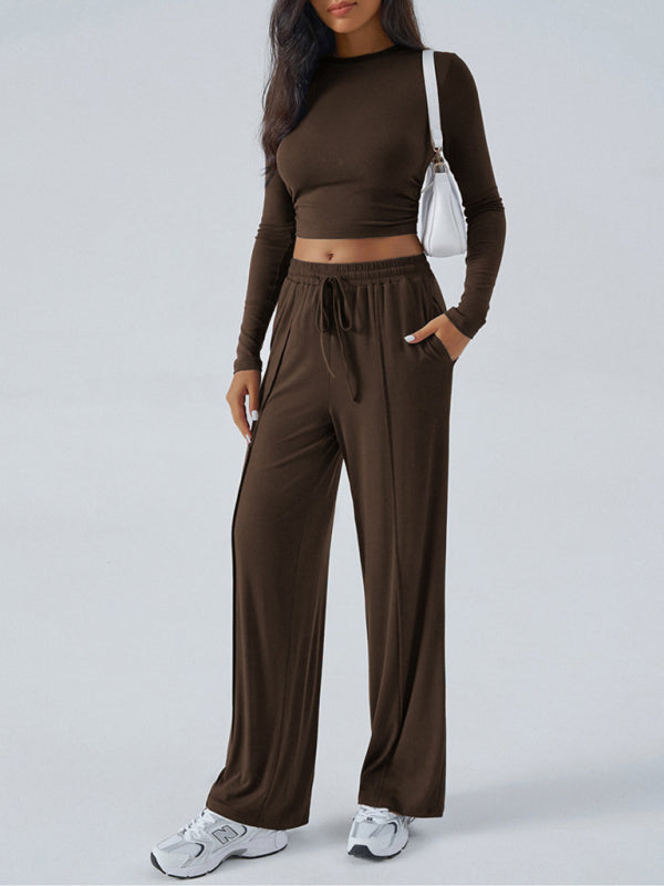 Women's Crew Neck Long Sleeve Top & Wide Leg Pants Set