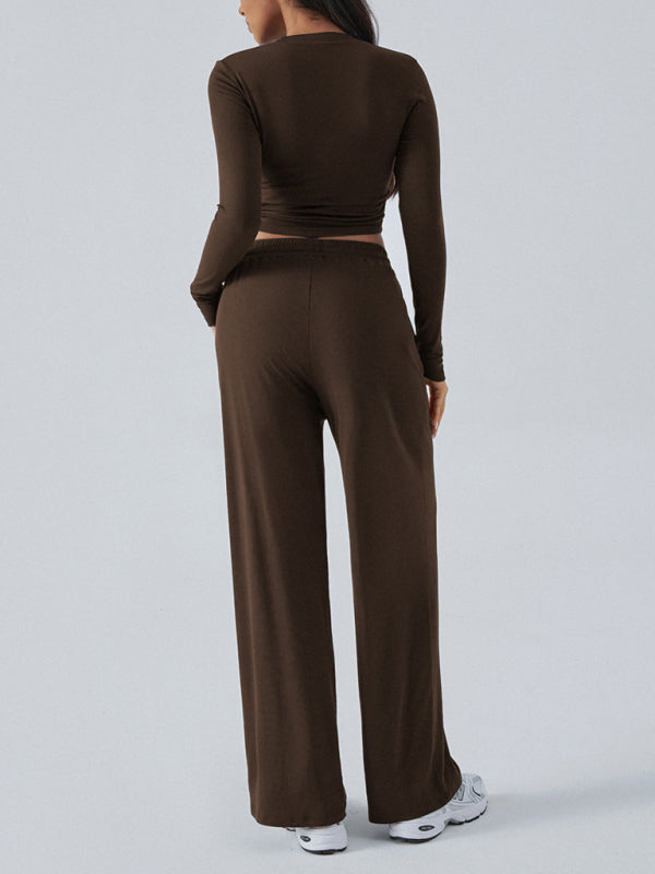 Women's Crew Neck Long Sleeve Top & Wide Leg Pants Set