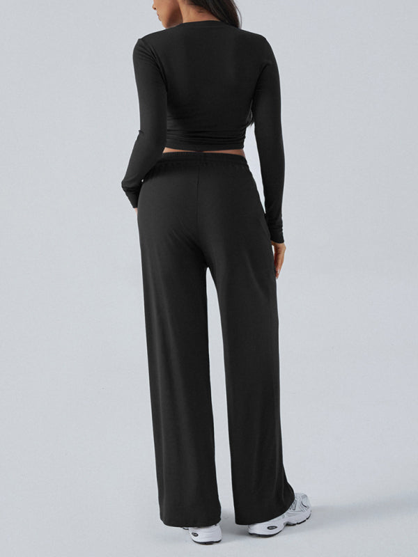 Women's Crew Neck Long Sleeve Top & Wide Leg Pants Set