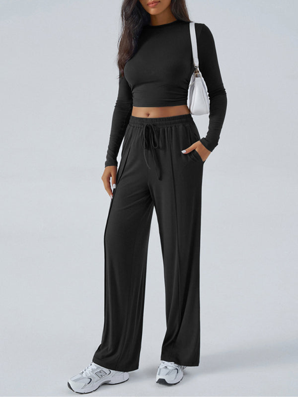Women's Crew Neck Long Sleeve Top & Wide Leg Pants Set