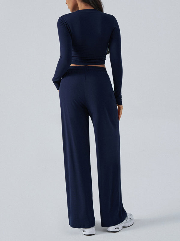 Women's Crew Neck Long Sleeve Top & Wide Leg Pants Set