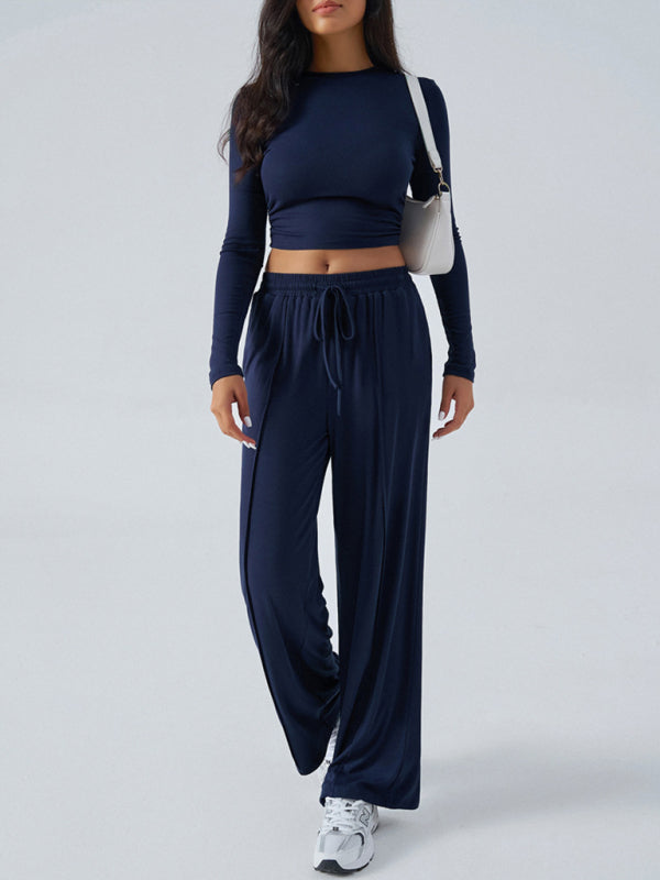 Women's Crew Neck Long Sleeve Top & Wide Leg Pants Set