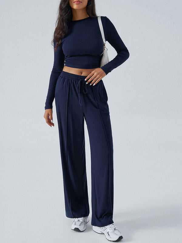 Women's Crew Neck Long Sleeve Top & Wide Leg Pants Set