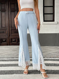 Women's High Waist Lace Flared Pants with Belt - Elegant Wide Leg