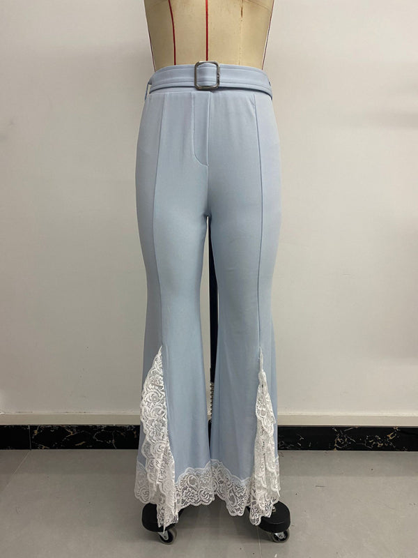 Women's High Waist Lace Flared Pants with Belt - Elegant Wide Leg