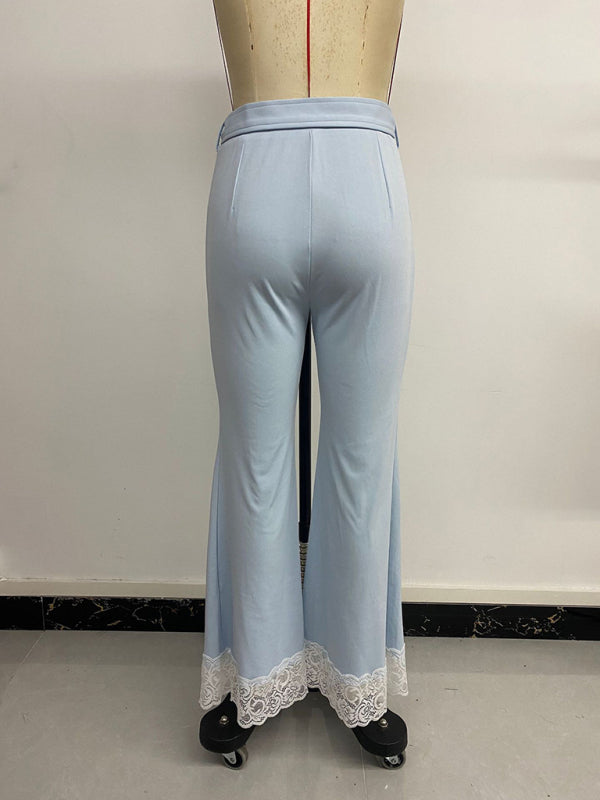 Women's High Waist Lace Flared Pants with Belt - Elegant Wide Leg