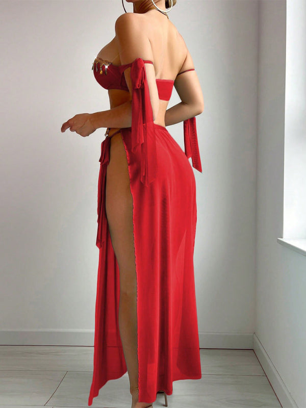 Women's Mesh Gold Leaf Tassel Bra & High Slit Skirt Lingerie Set