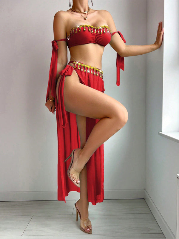 Women's Mesh Gold Leaf Tassel Bra & High Slit Skirt Lingerie Set