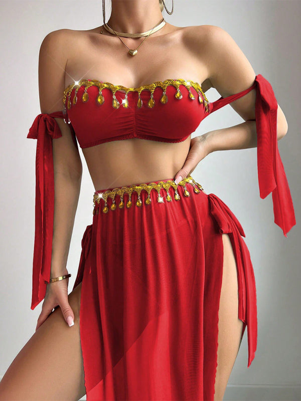 Women's Mesh Gold Leaf Tassel Bra & High Slit Skirt Lingerie Set