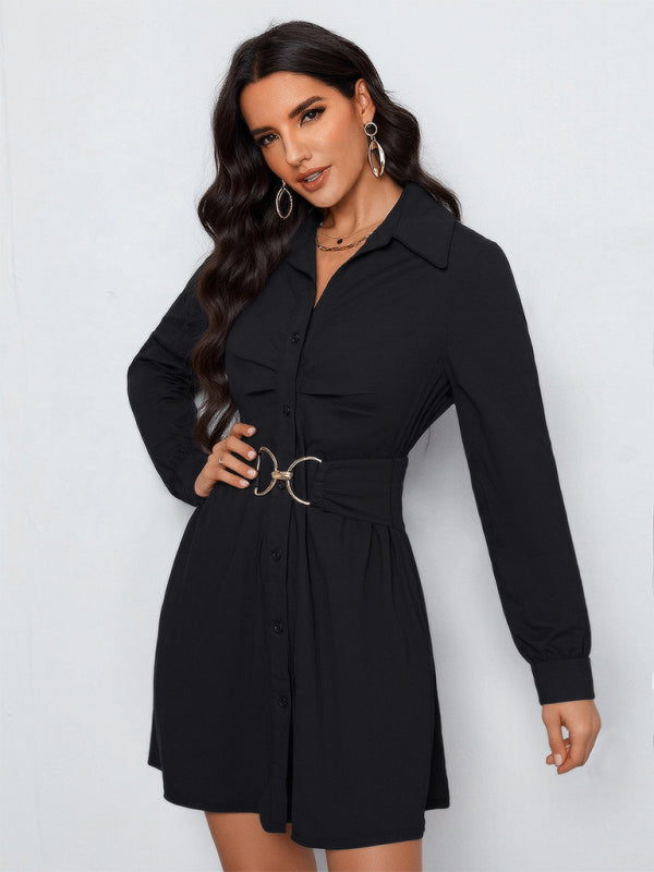 Women's Long Sleeve Shirt Dress - Single-Breasted Collared Dress